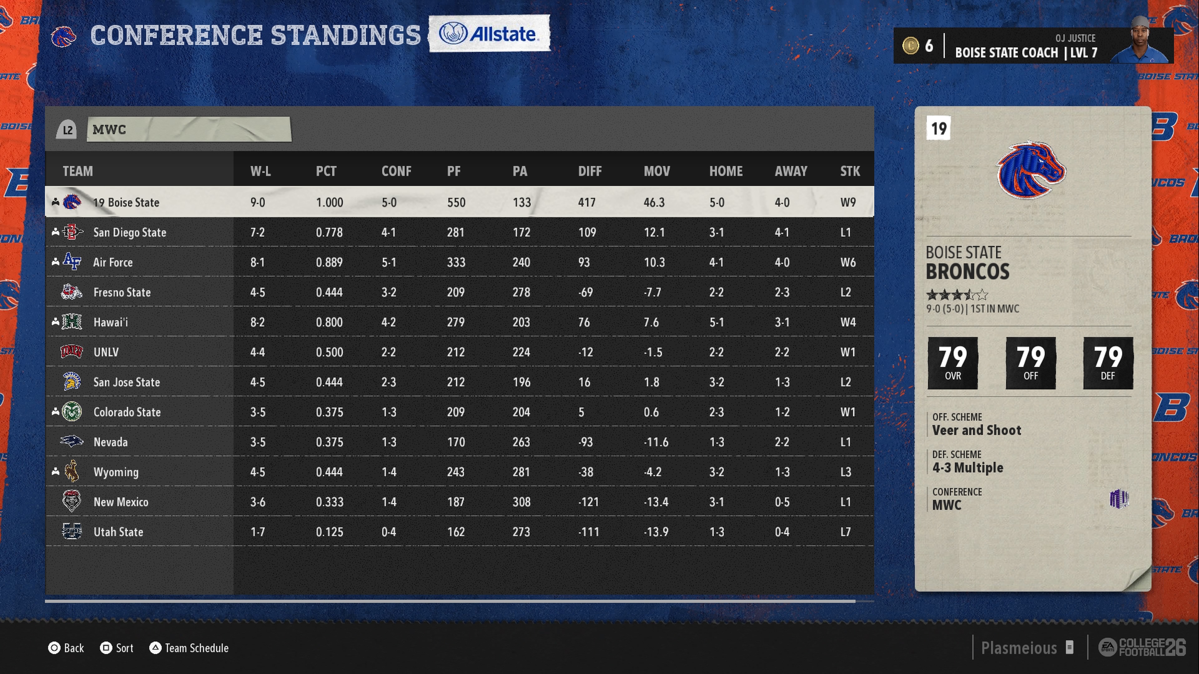Conference standings screenshot