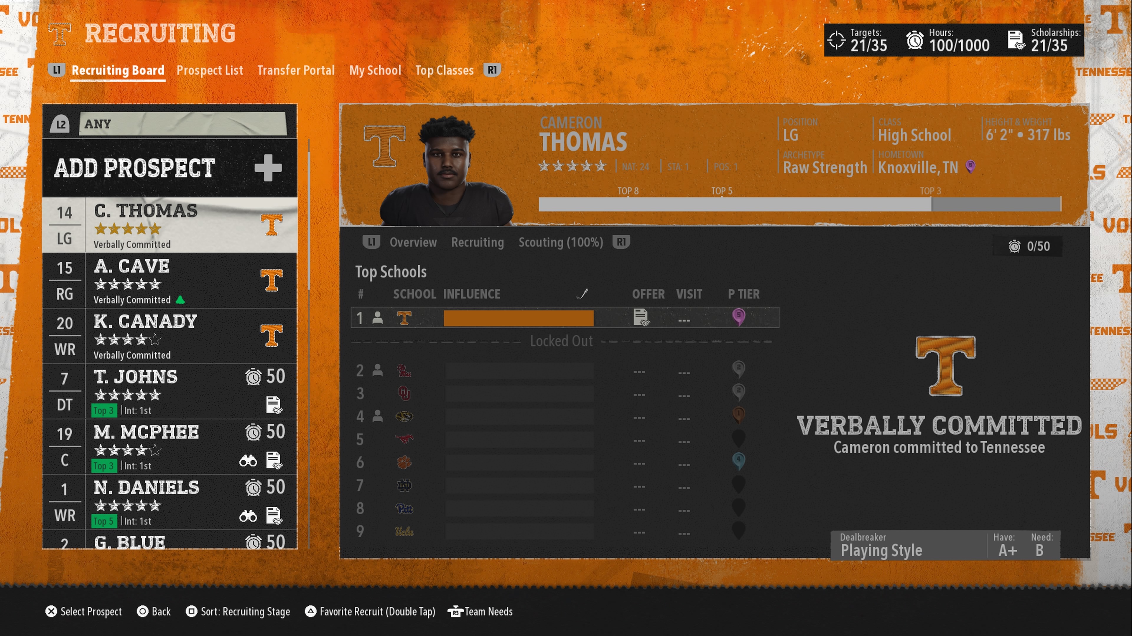 Recruiting board screen showing committed recruits