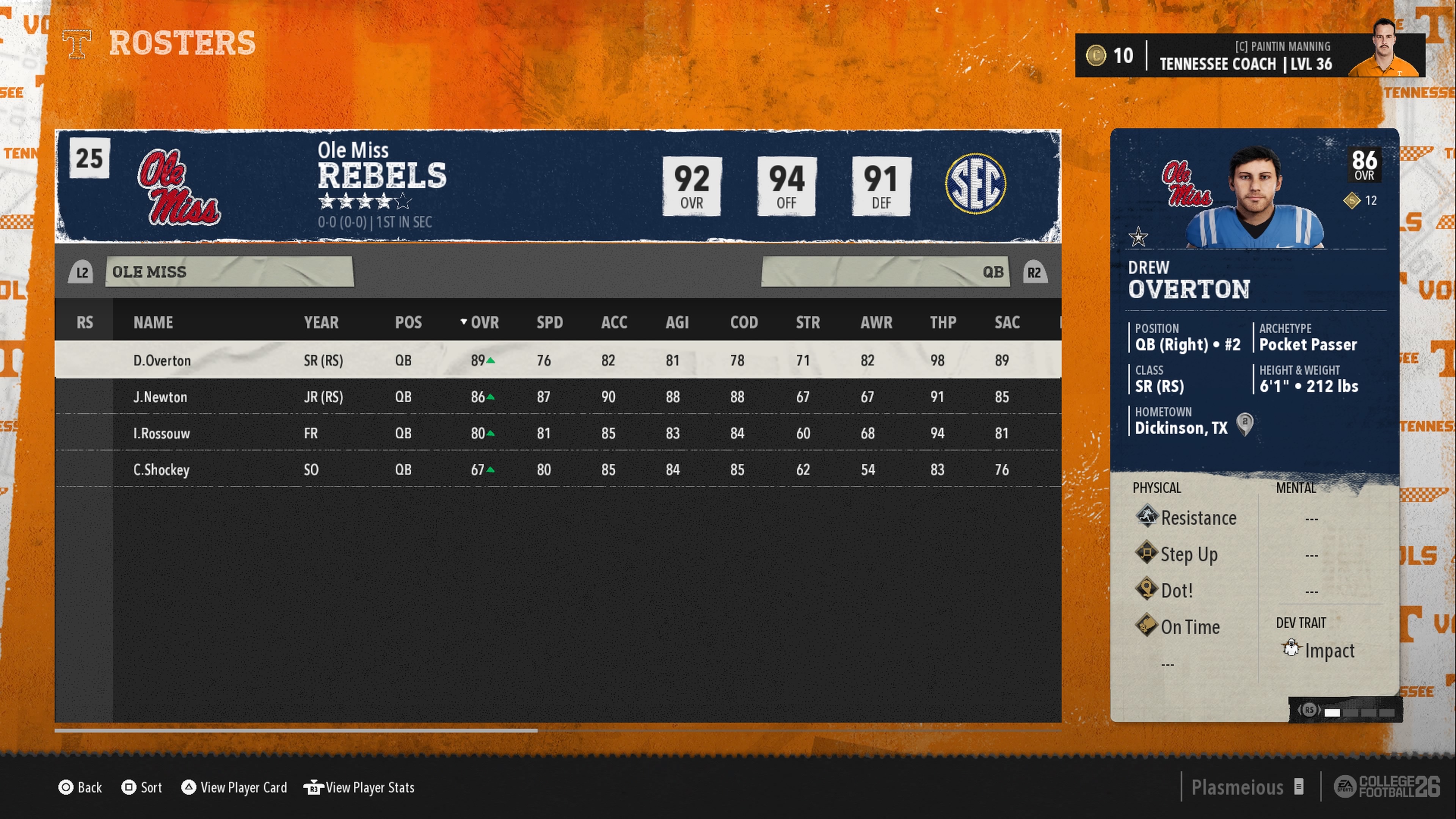 Roster ratings screen showing player names and ratings